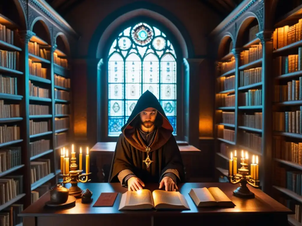 En la penumbra de una biblioteca antigua, un misterioso ser estudia un libro en una mesa de madera entre tomos antiguos y pergaminos