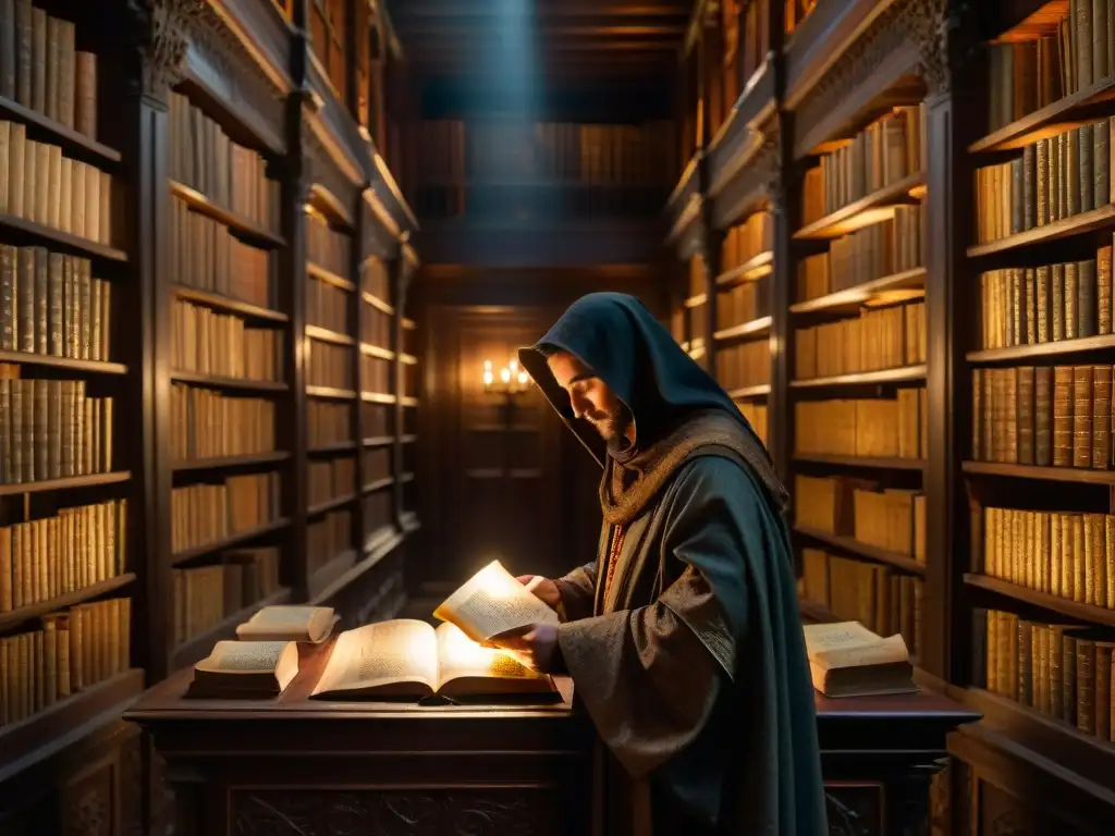 En la penumbra de una biblioteca antigua, un personaje estudia un libro iluminado, evocando misteriosas sociedades secretas en la literatura