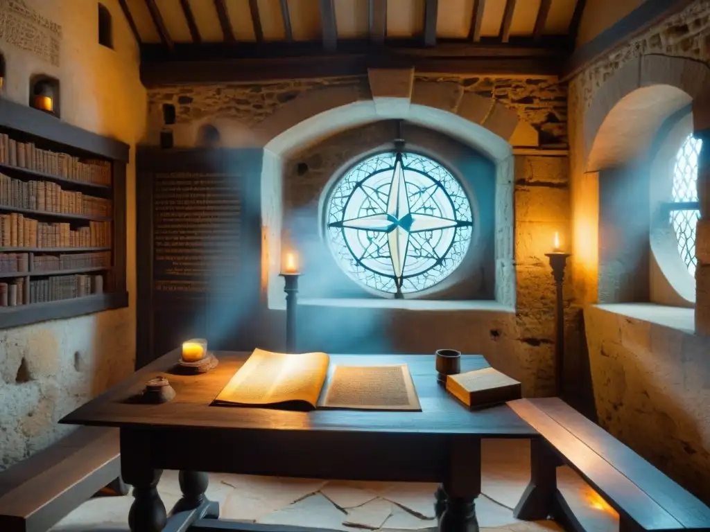 Secreto templario: cámara misteriosa con símbolos antiguos y mapamundi En la penumbra de una cámara antigua, secretos sociedades secretas biografías influencia se revelan en símbolos templarios y manuscritos envejecidos