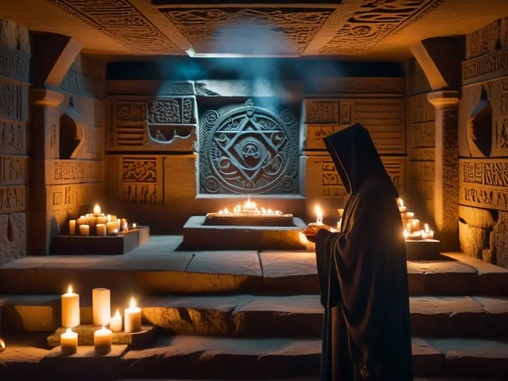 En la penumbra de una cámara subterránea, un ritual de magia negra se lleva a cabo entre símbolos y velas, evocando sociedades secretas