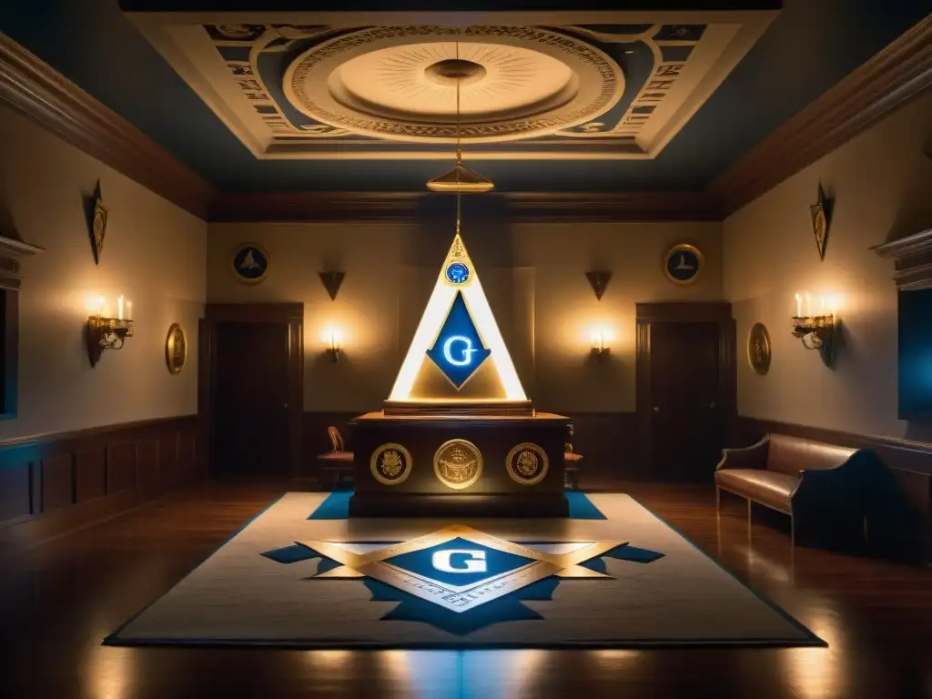 Imagen misteriosa: ritual masónico con figuras históricas En la penumbra de una logia masónica decorada con símbolos, figuras históricas realizan un ritual enigmático rodeadas de capuchas