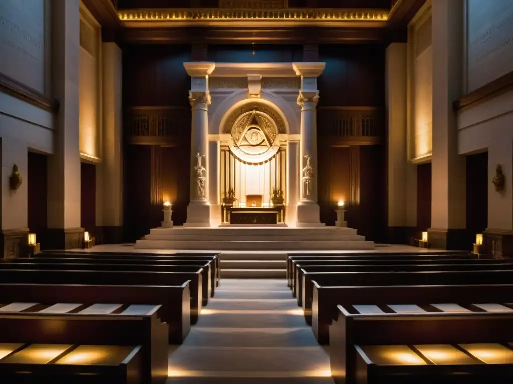 En la penumbra de un majestuoso templo masónico, con intrincadas esculturas de piedra y un altar iluminado, se respira misterio y solemnidad