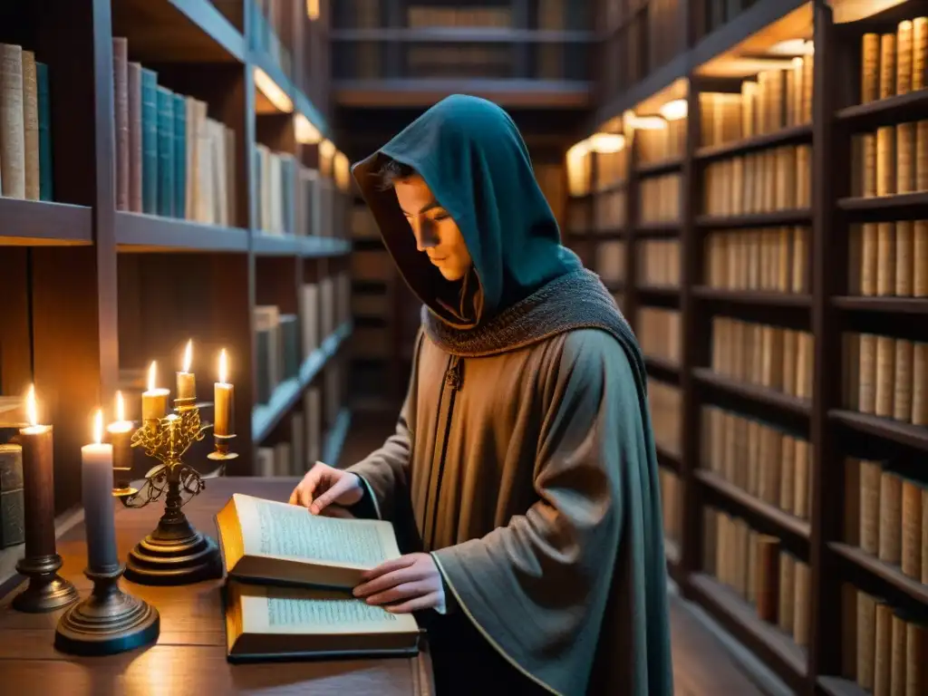 En la penumbra de una misteriosa biblioteca antigua, un encapuchado estudia un manuscrito iluminado sobre los Misterios de las Sociedades Secretas