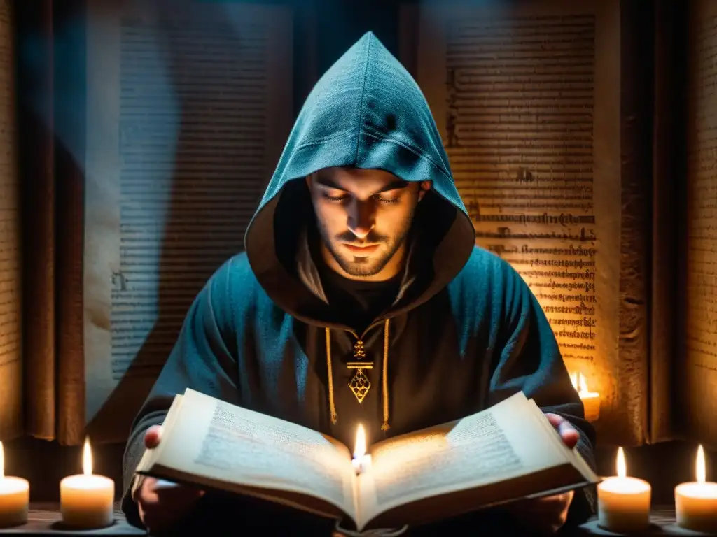 En la penumbra, un misterioso personaje sostiene un manuscrito antiguo iluminado, revelando secretos de los Rituales de iniciación Illuminati secretos