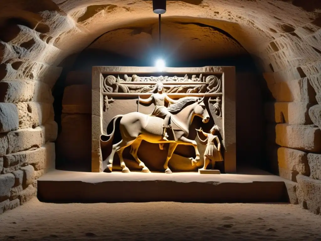 En la penumbra de un Mitríaco subterráneo, la escultura de Mithras matando al toro destaca entre rituales culto Mithras Imperio