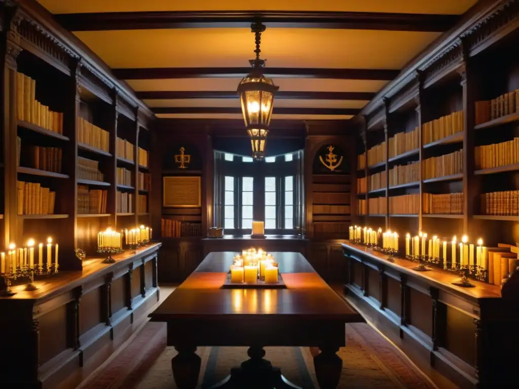 En la penumbra de una sala decorada en Yale, con pergaminos antiguos, velas y emblema de calavera