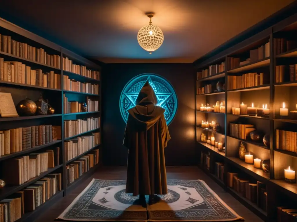 En la penumbra, una sala llena de libros antiguos y velas titilantes proyecta sombras misteriosas sobre un pentagrama en el suelo