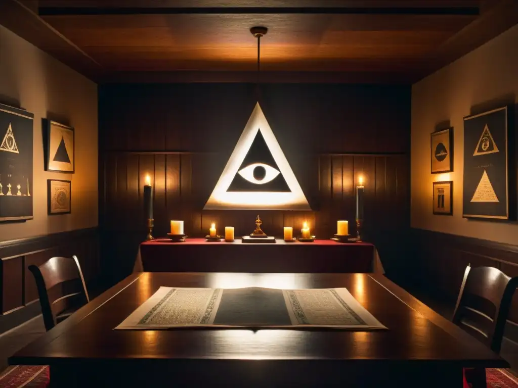 En la penumbra de una sala, una mesa de madera iluminada por velas muestra antiguos manuscritos e insignias illuminati