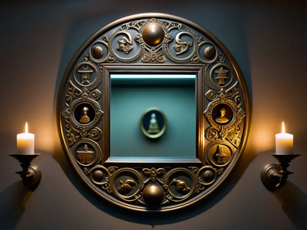 En la penumbra de una sala de reuniones de una sociedad secreta, un espejo de bronce refleja figuras en un ritual misterioso