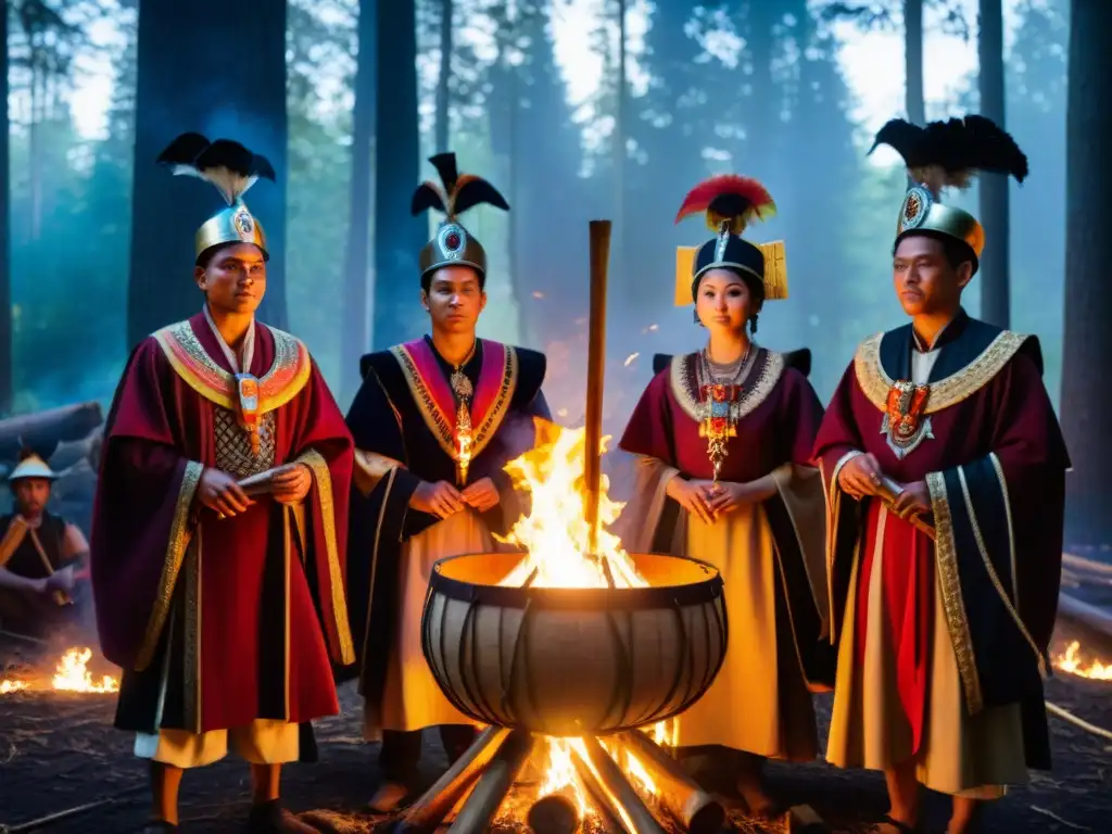 En la penumbra del bosque, sonidos secretos en rituales: grupo con trajes ceremoniales alrededor de fogata