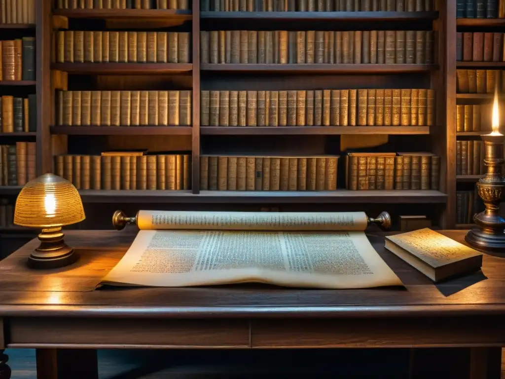 Perdidos en el misterio de símbolos y códigos en un antiguo pergamino sobre mesa de madera, rodeado de libros polvorientos