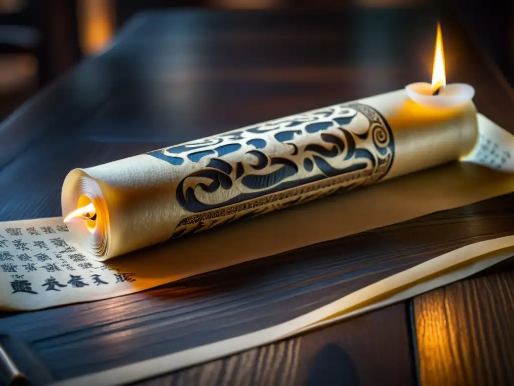 Pergamino ancestral: misterio y sabiduría oriental Un pergamino antiguo con caligrafía asiática detallada iluminado por una vela, evocando la sabiduría ancestral de sociedades secretas asiáticas