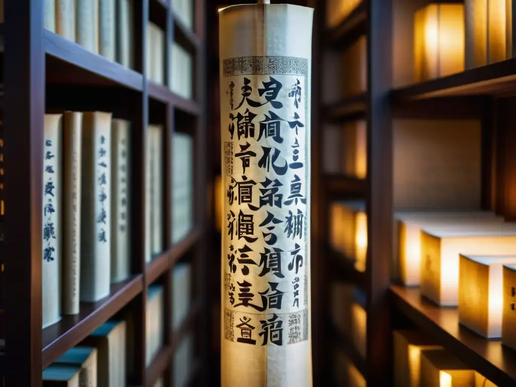 Un pergamino antiguo con caligrafía china en un misterioso archivo de libros secretos prohibidos en Asia