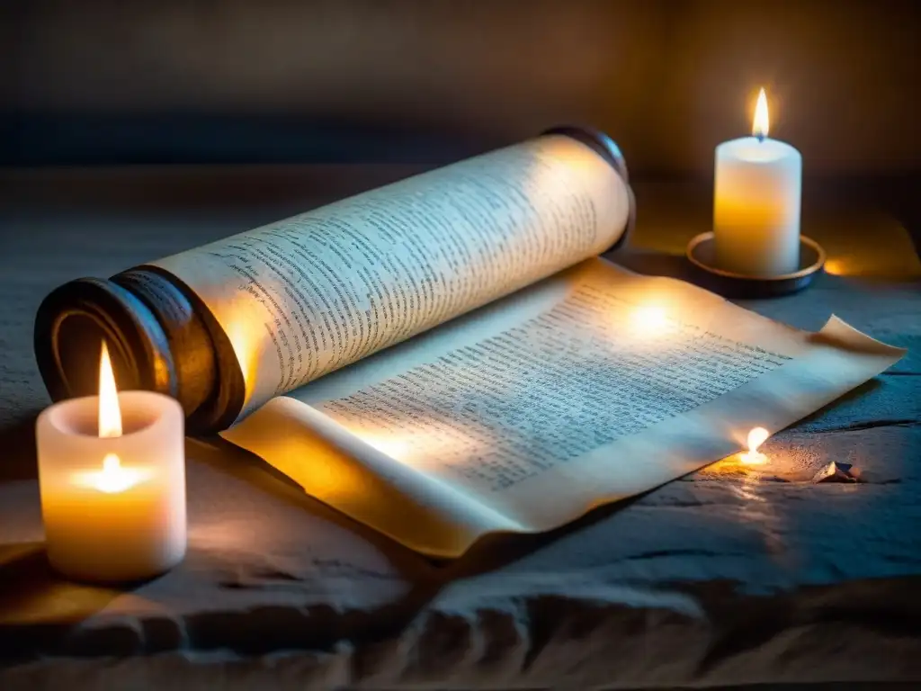 Un pergamino antiguo desplegado en una mesa de piedra, con símbolos iluminados por luz de velas en cámara sombría