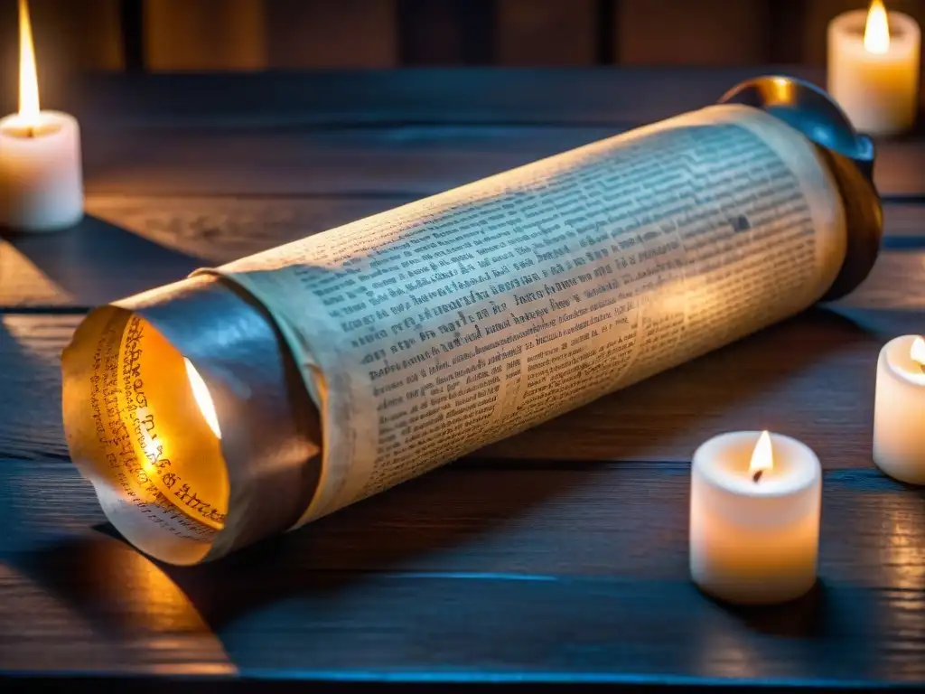 Un pergamino antiguo desplegado en una mesa de roble oscuro, iluminado por la luz de velas