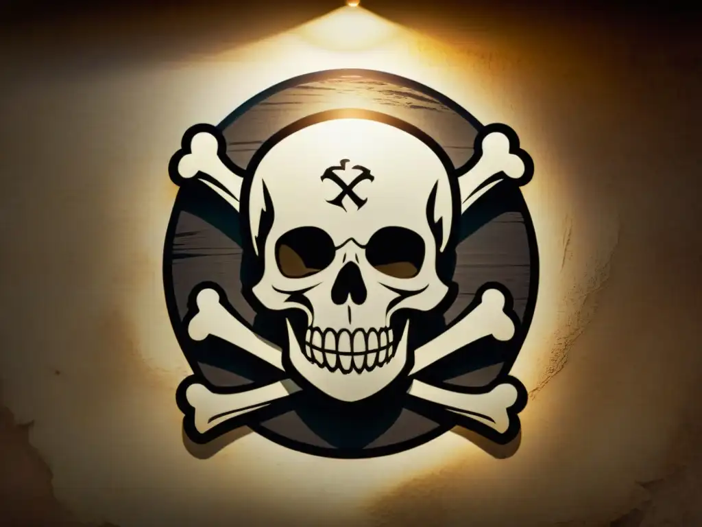 Emblema Skull and Bones en pergamino antiguo: misterio y poder Un pergamino antiguo con el emblema de Skull and Bones en una habitación misteriosa llena de libros y artefactos antiguos