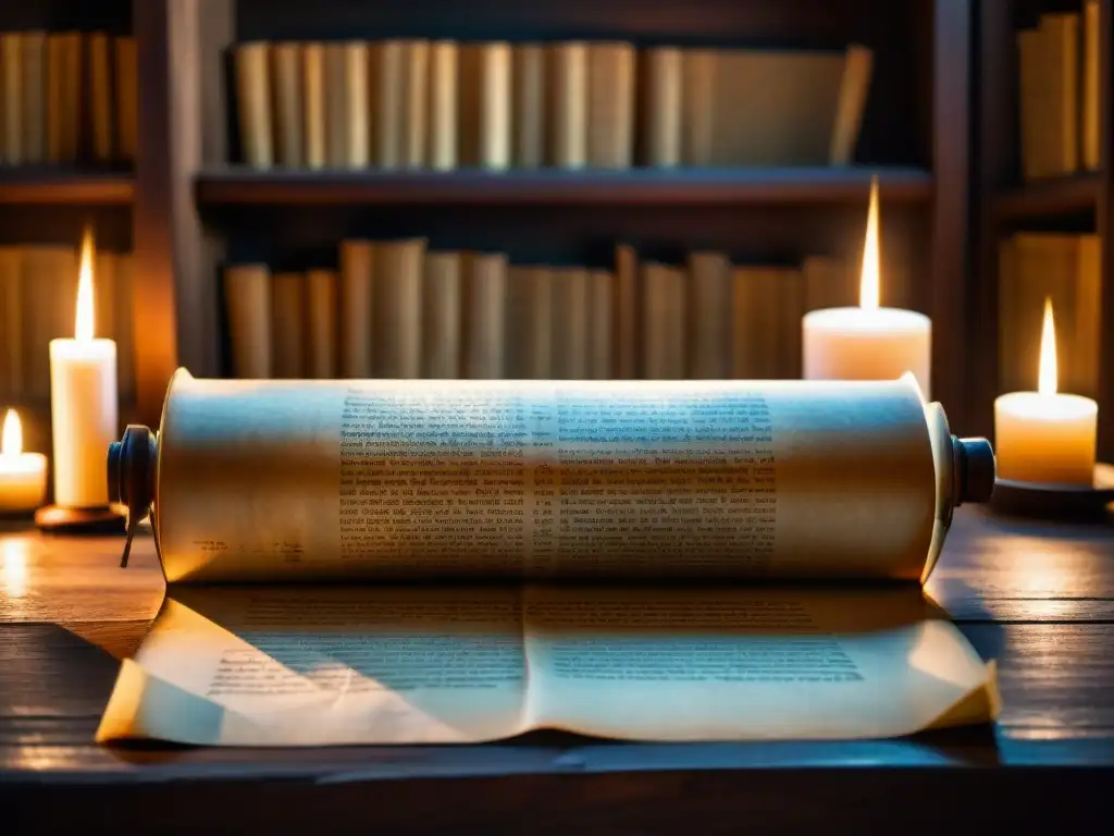 Un pergamino antiguo con símbolos encriptados en una mesa de madera, en una biblioteca misteriosa iluminada por velas