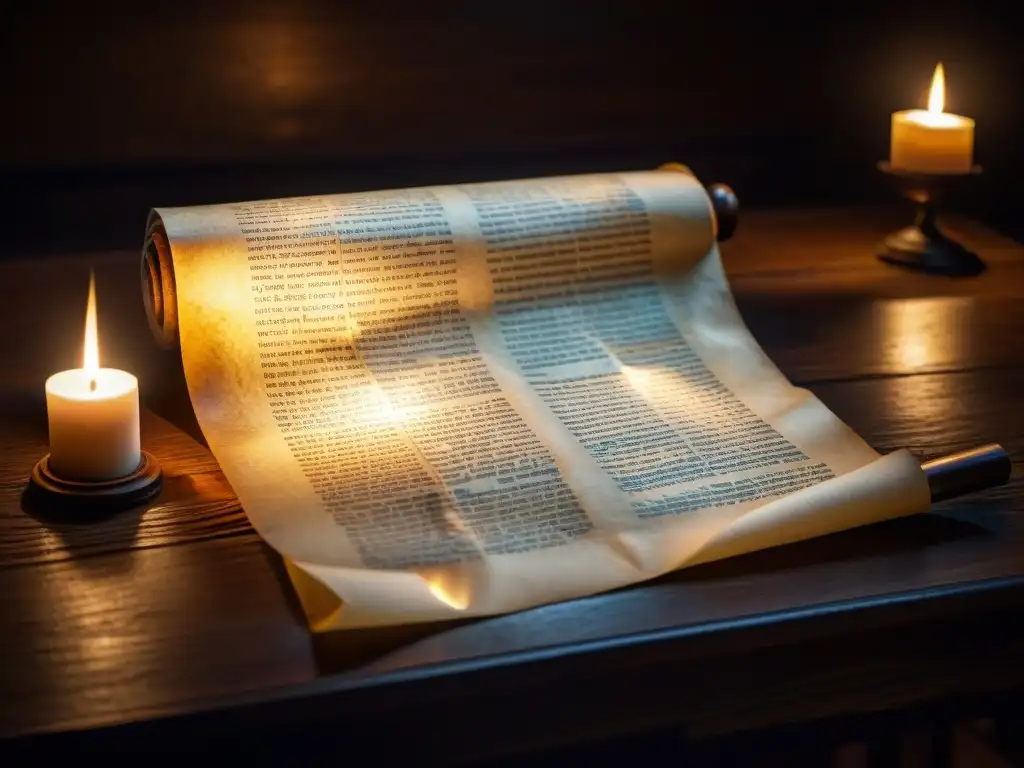 Un pergamino antiguo con símbolos y escrituras en una mesa de roble oscuro iluminada por velas