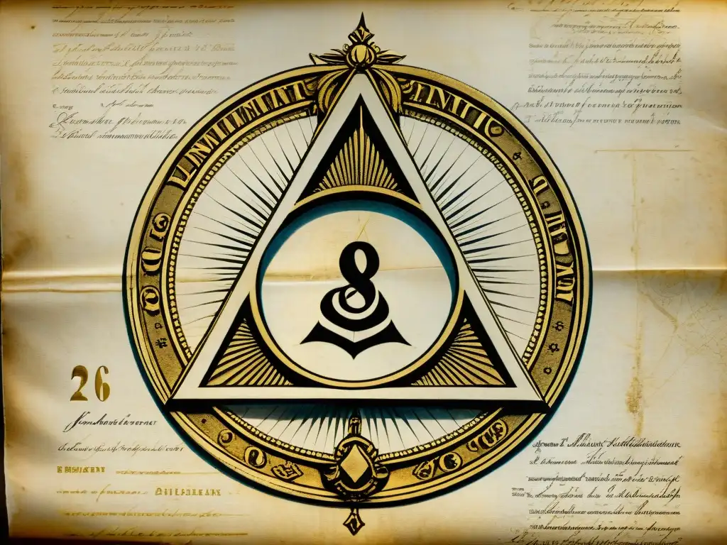 Un pergamino envejecido con emblema Illuminati en tinta dorada, muestra la influencia de sociedades secretas en la historia