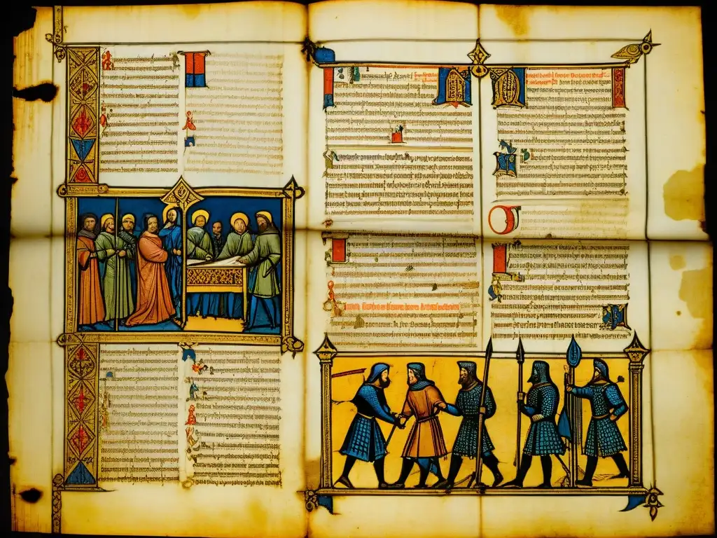 Un pergamino medieval detallado con ilustraciones de los conflictos de los Templarios