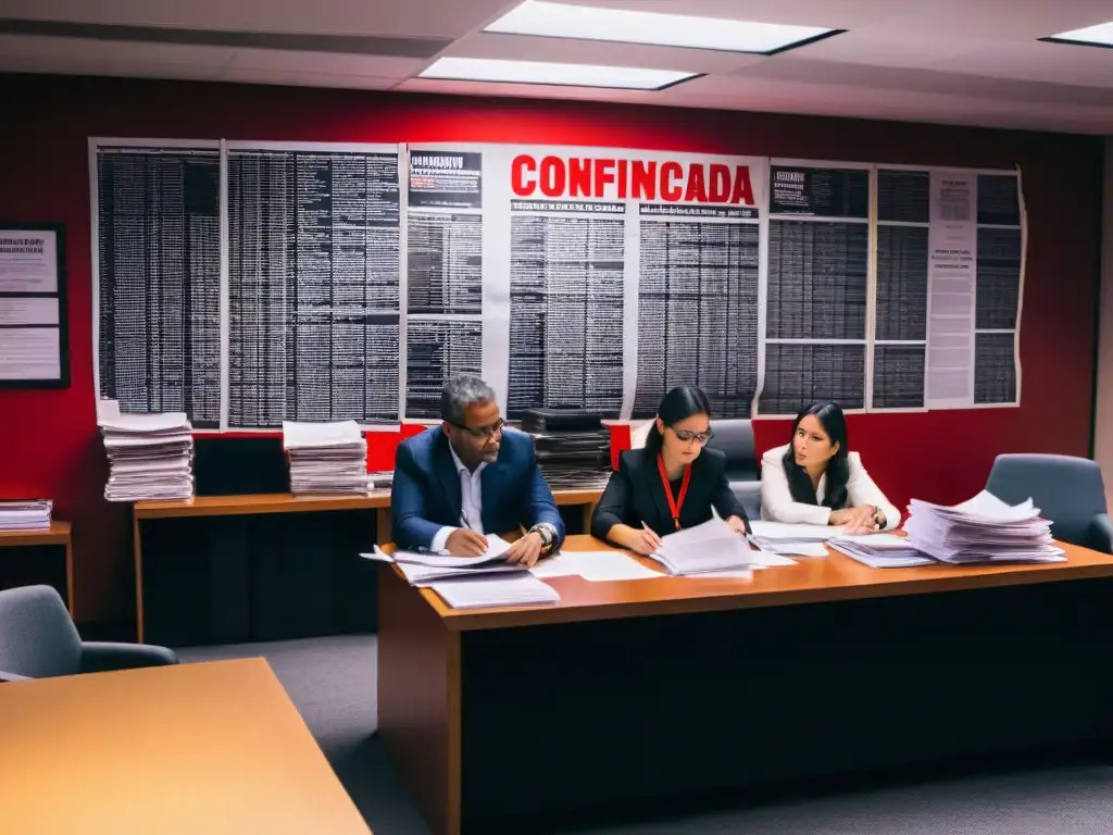 Periodistas en sala de redacción iluminada, analizando documentos en medio de secretos