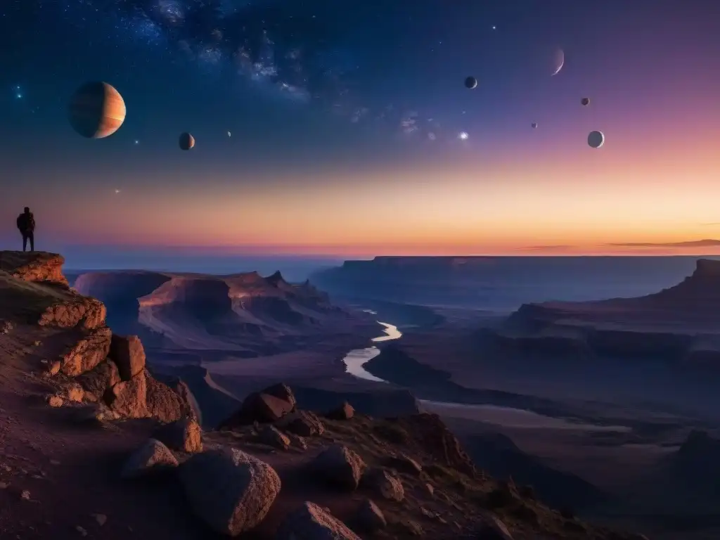 Persona en acantilado contempla planetas en el crepúsculo Persona en acantilado al anochecer, mirando planetas, evocando tránsitos planetarios significativos vida