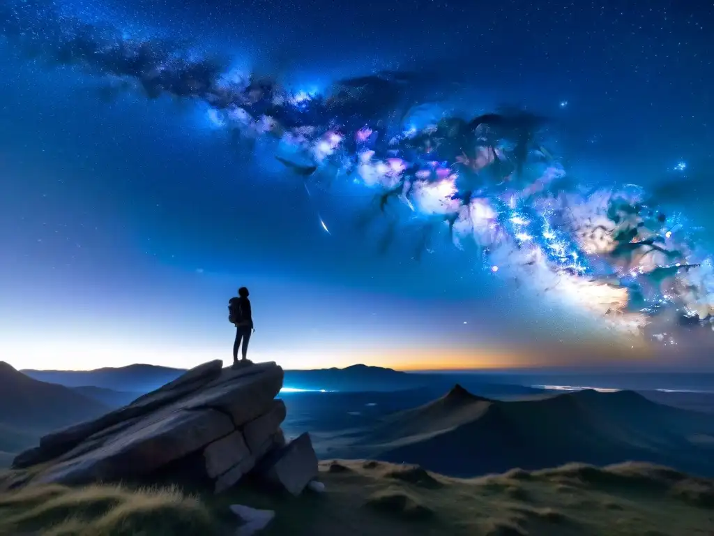 Contemplación estelar: Conexión cósmica en la noche Una persona en un acantilado rocoso contempla la impresionante Vía Láctea