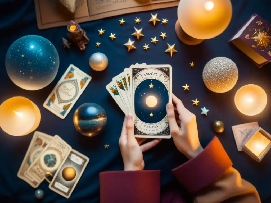 Persona en ambiente místico con baraja de Tarot, rodeada de elementos celestiales