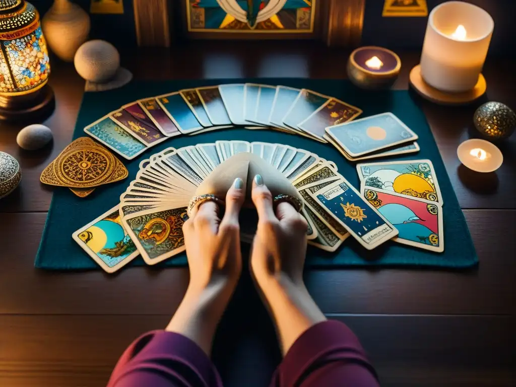 Persona en ambiente místico con tarot como herramienta crecimiento personal