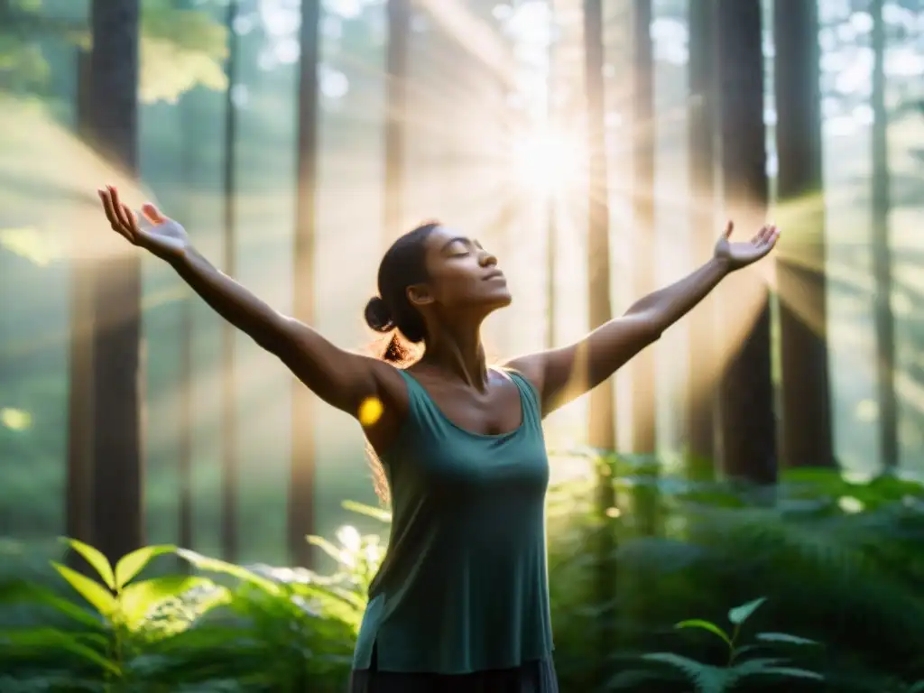 Persona en un bosque realizando un ritual de protección, conectada con la naturaleza