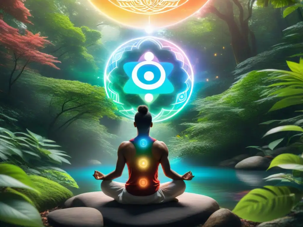 Persona meditando en un bosque sereno con chakras alineados y criptomonedas integradas, simbolizando éxito financiero