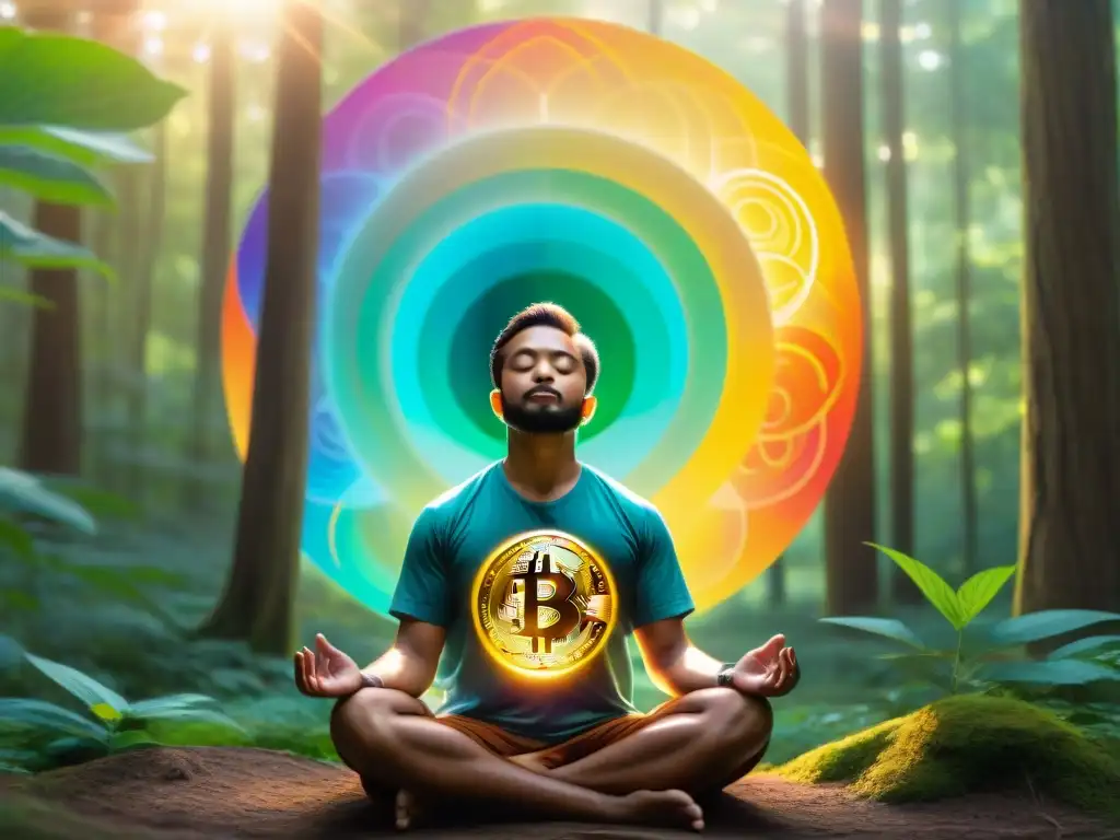 Persona meditando en bosque sereno con colores de chakras, sosteniendo bitcoin y alineando energías para éxito financiero