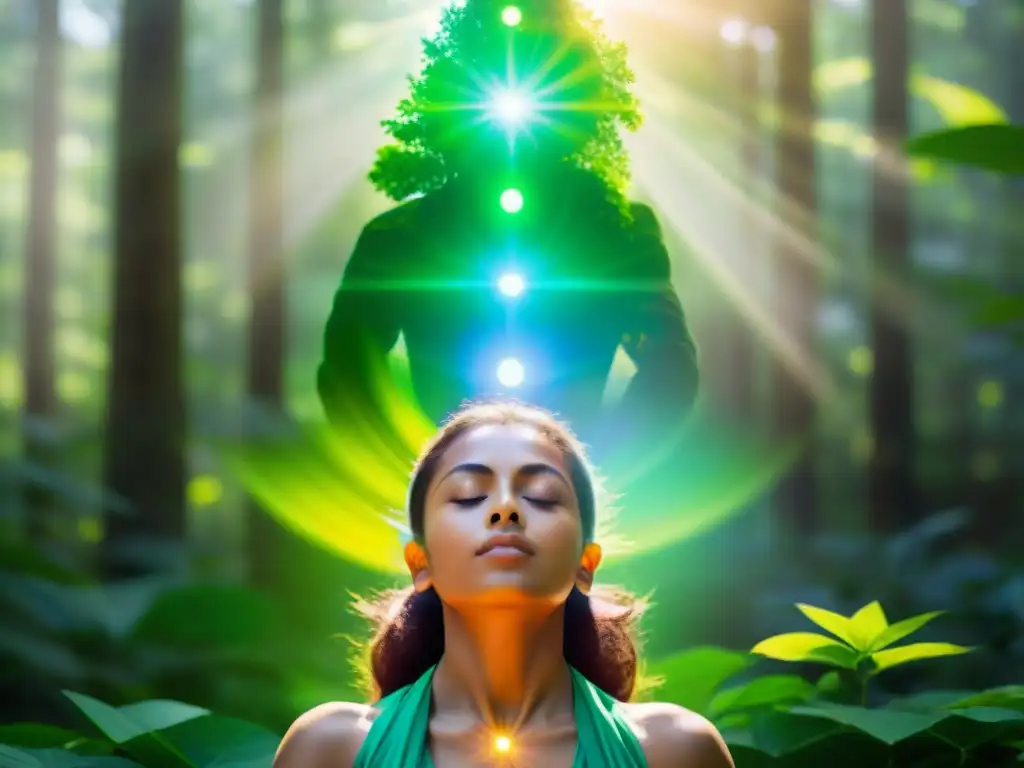 Persona meditando en un bosque verde con energía de los siete chakras, armonización y conexión a la naturaleza