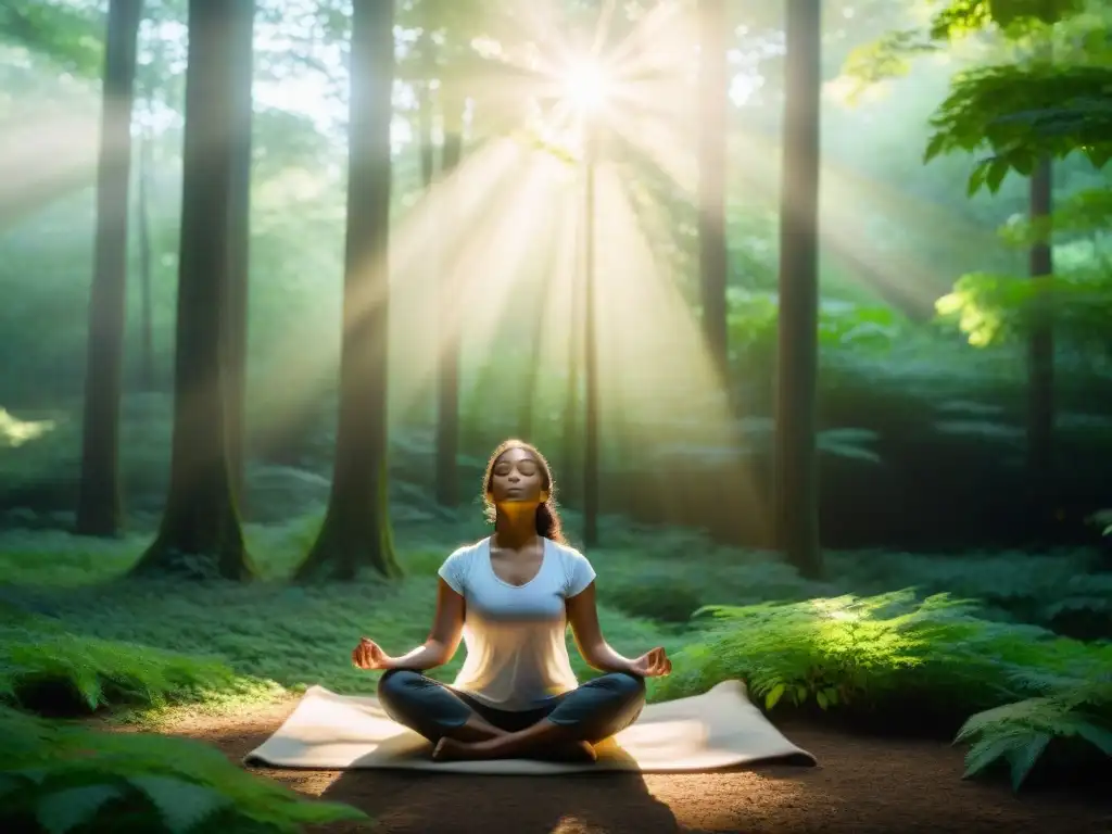 Persona meditando en un bosque verde, iluminada por rayos de sol