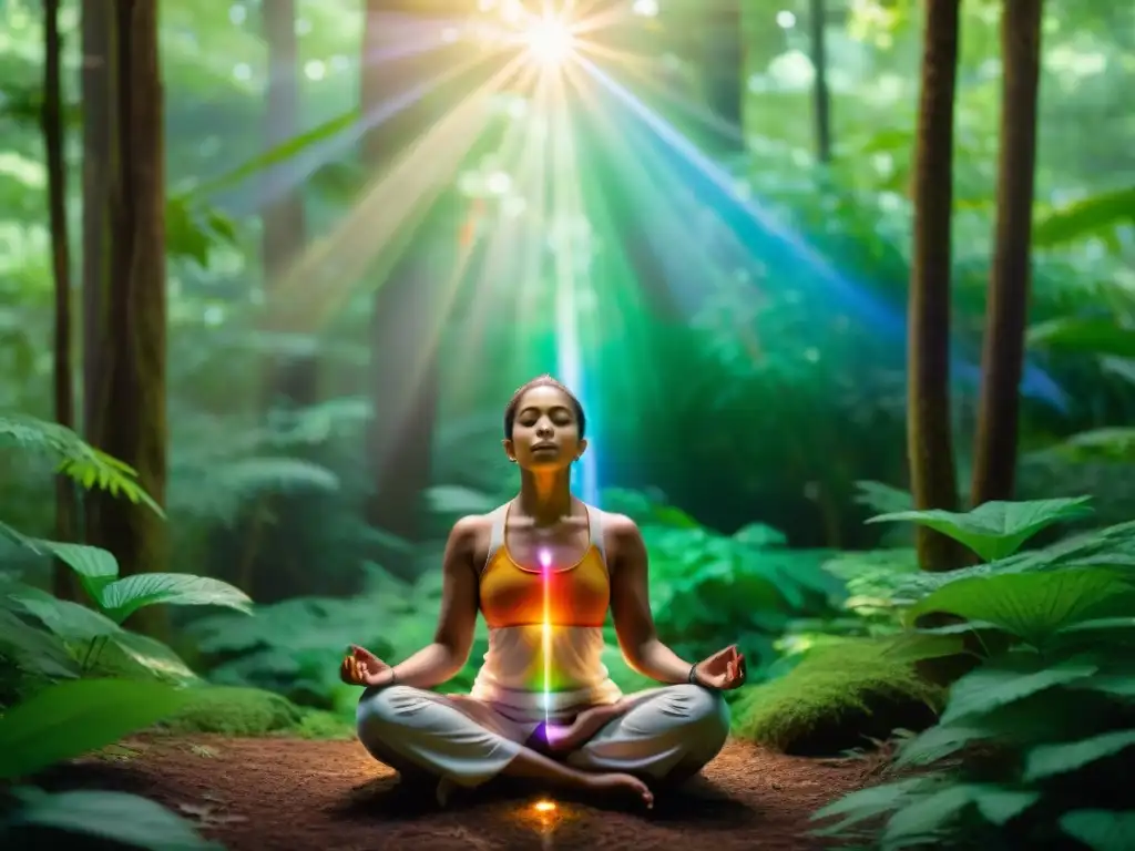 Persona meditando en un bosque verde, rodeada de luz de chakras, paz espiritual