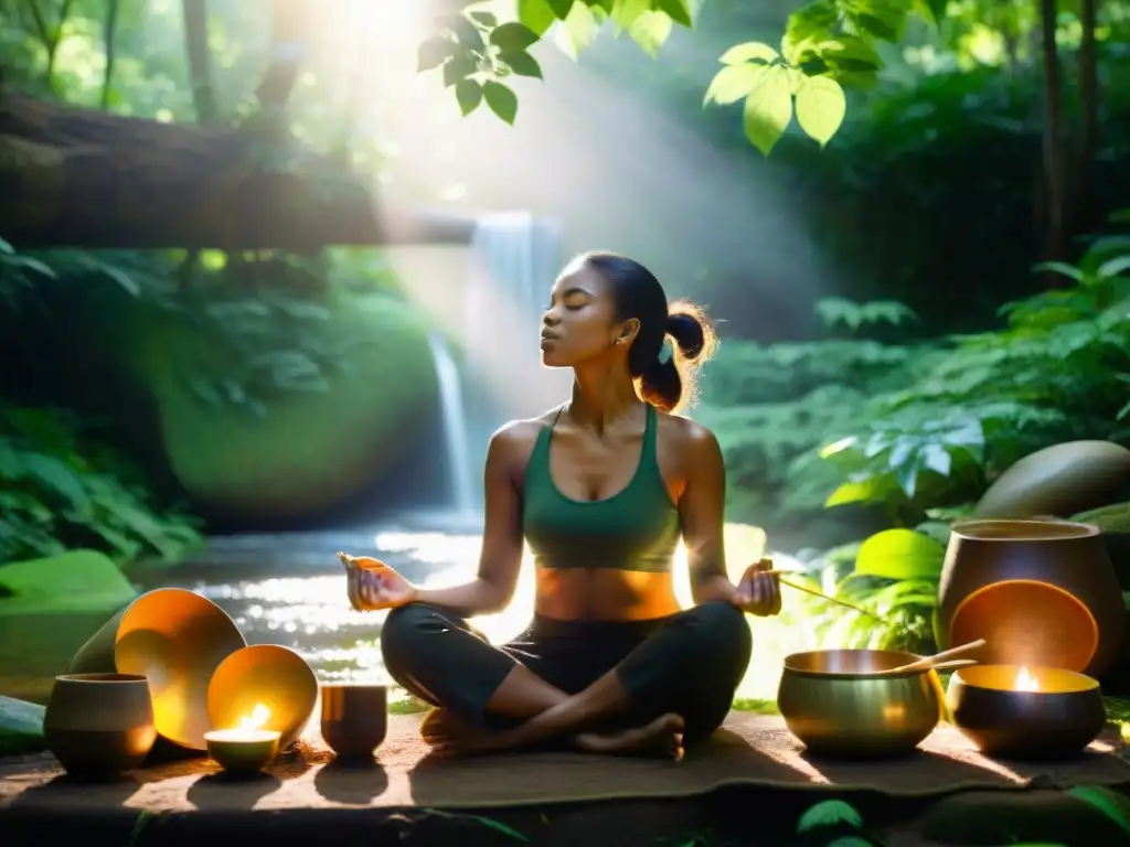 Persona meditando en un bosque verde, rodeada de instrumentos musicales y luz solar