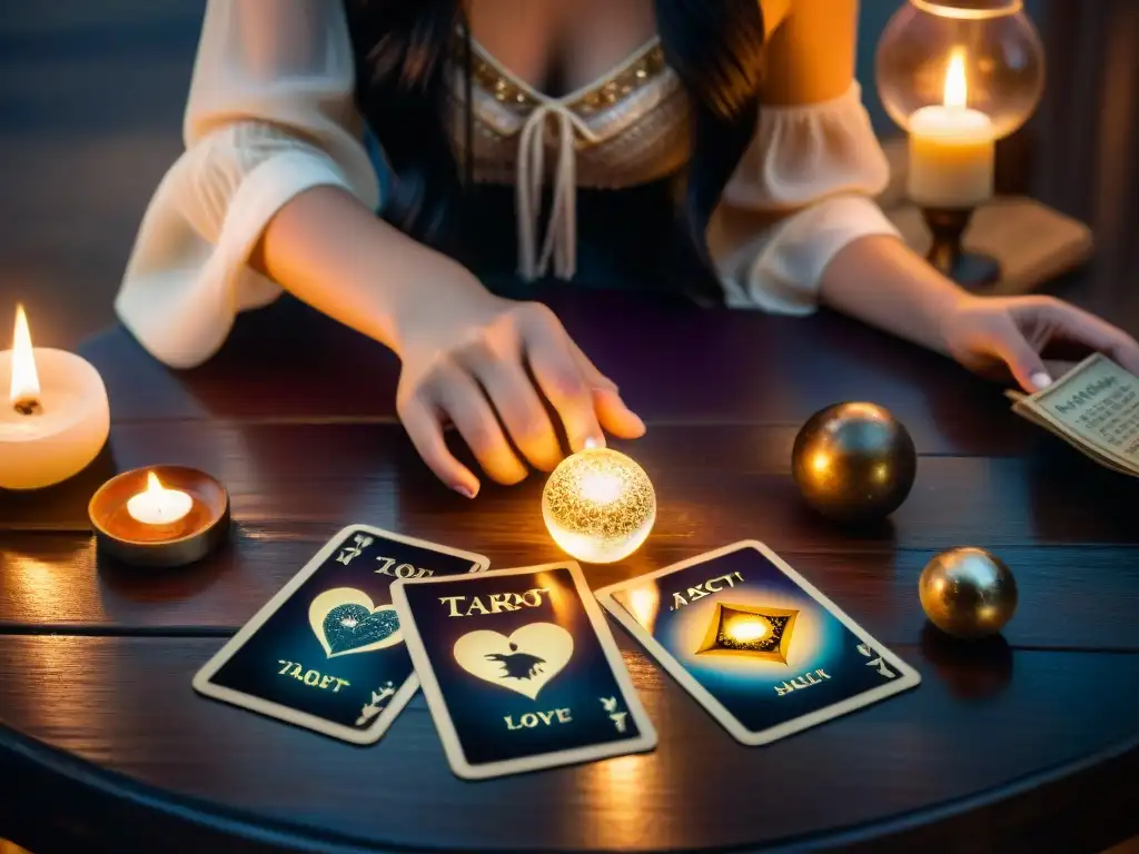 Una persona con cabello oscuro fluye, leyendo Tarot bajo la luz de velas