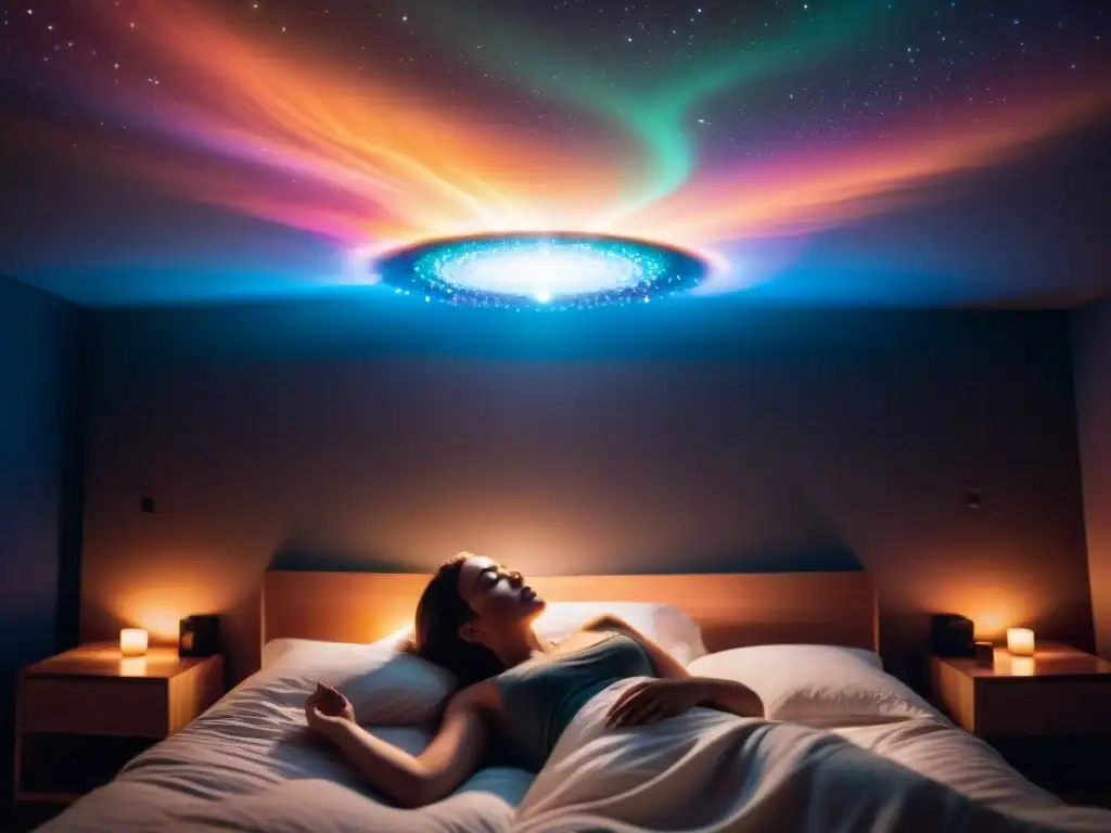 Persona en cama con aura mística, en proyección astral