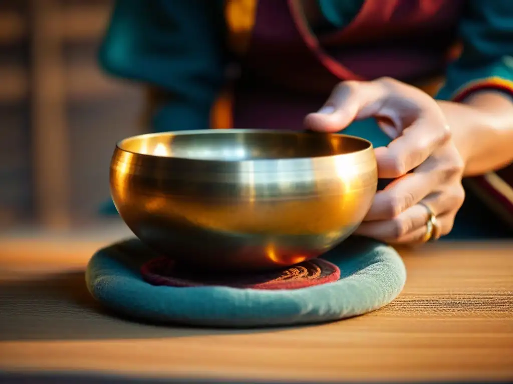 Persona tocando campana tibetana, creando ondas en el agua