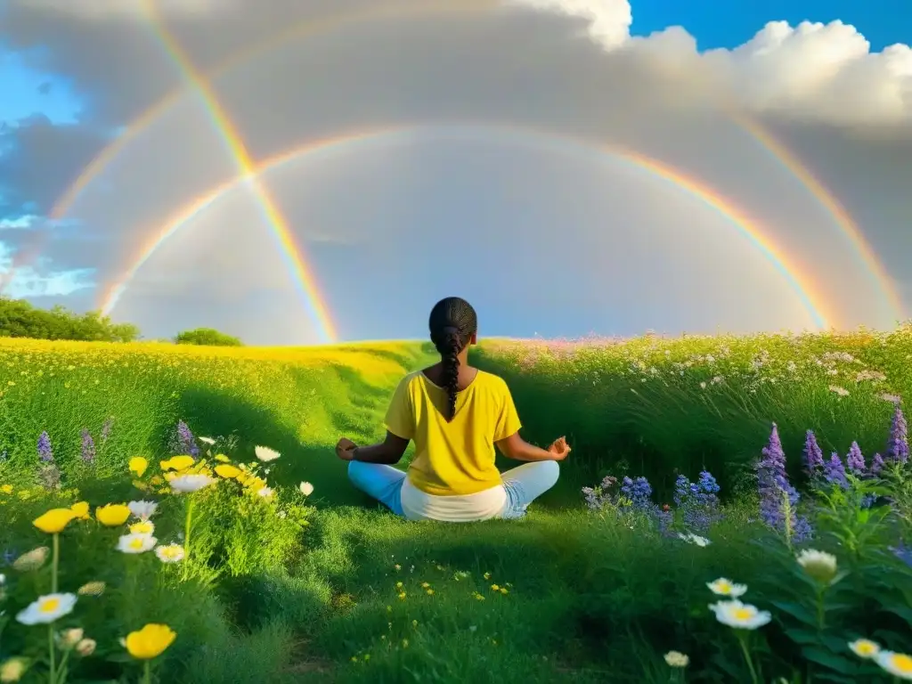 Persona en campo verde, rodeada de flores, bañada en luz dorada, en meditación con chakras alineados hacia el cielo