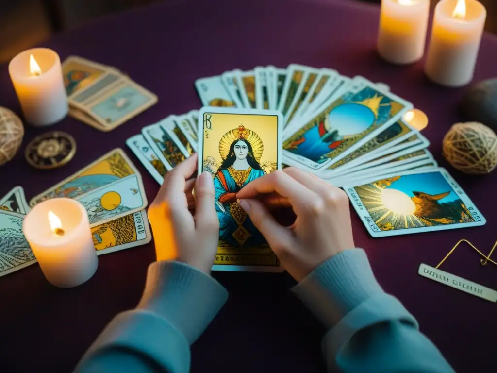 Persona reflexionando entre cartas de tarot como herramienta de crecimiento personal