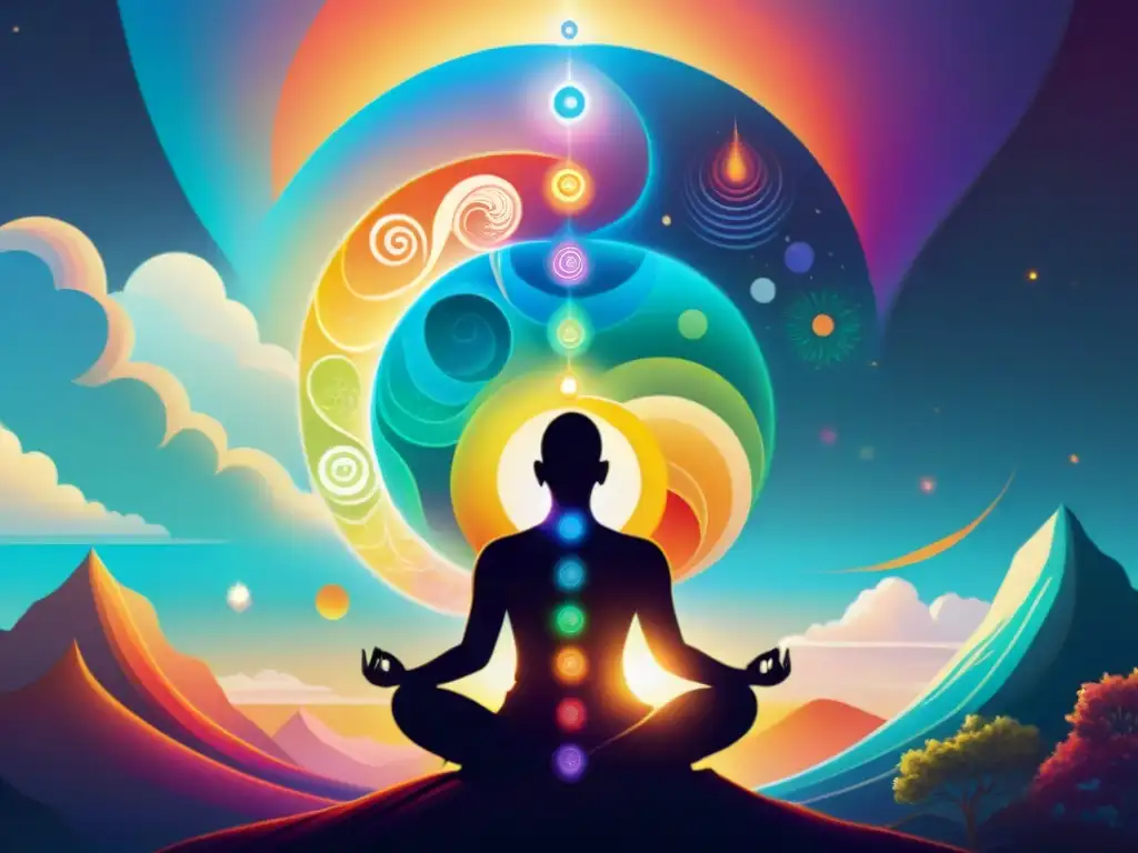 Persona meditando en armonización de chakras para despertar en un entorno natural sereno con energía vibrante