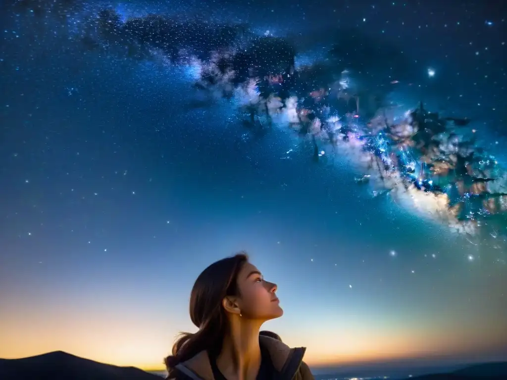 Persona contemplando el cielo estrellado, con constelaciones y galaxias, expresando asombro y conexión con el propósito de vida astros misterios