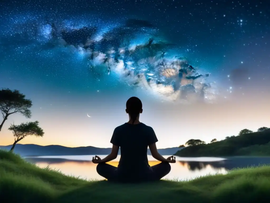 Persona meditando bajo el cielo estrellado, rodeada de naturaleza