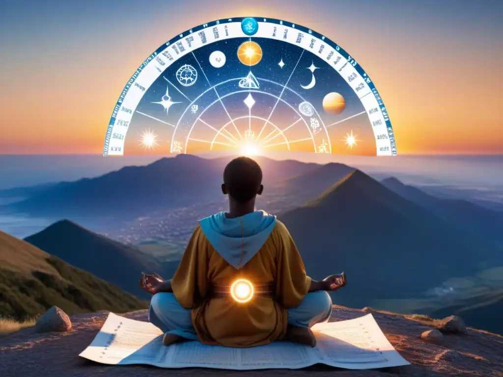 Persona meditando en la cima de una montaña al amanecer con software de astrología personalizado único