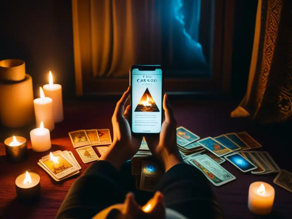 Persona concentrada en apps tarot arcanos, rodeada de velas y cartas, en ambiente místico