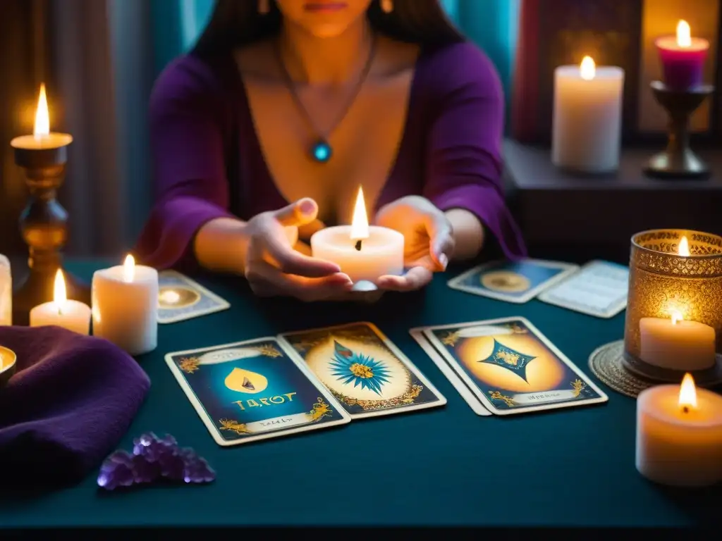 Persona concentrada seleccionando una carta de tarot en mesa con esparcimiento vibrante, velas y cristales