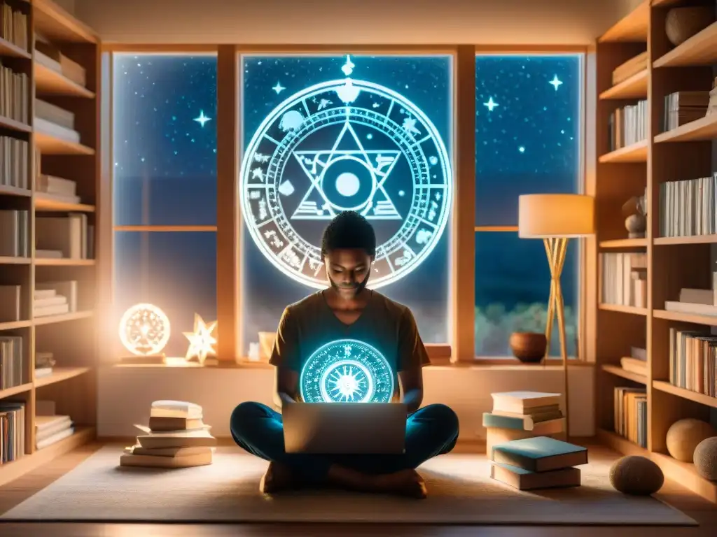 Persona concentrada en un cuarto sereno, rodeada de libros de astrología y un laptop con software de astrología personalizado único