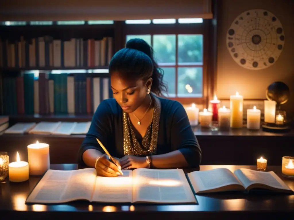 Persona concentrada en interpretar un horóscopo, rodeada de libros, velas y cristales