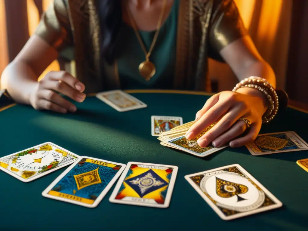 Persona concentrada en mesa llena de cartas de tarot, con sombras dramáticas